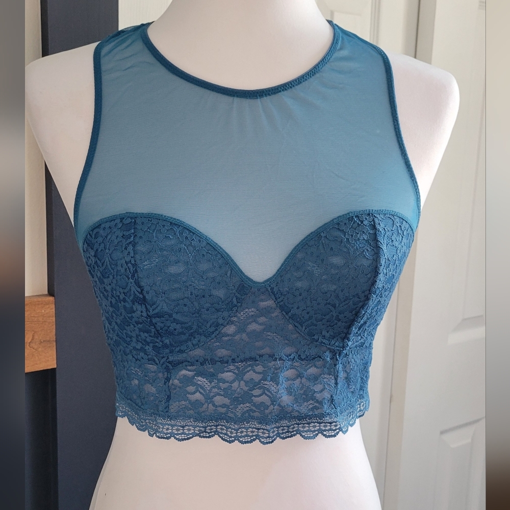 Free People Intimately Stay With Me Long Line Lace Bralette, Sheer, Blue, Medium